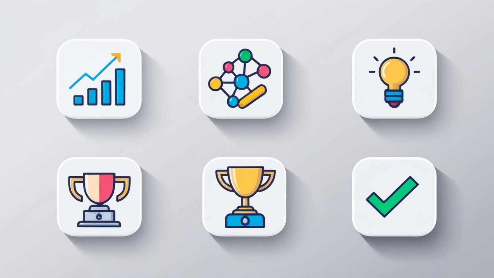 Dijital dünyada başarı için grafik, inovasyon, ödüller ve doğru stratejiyi temsil eden simgeler.