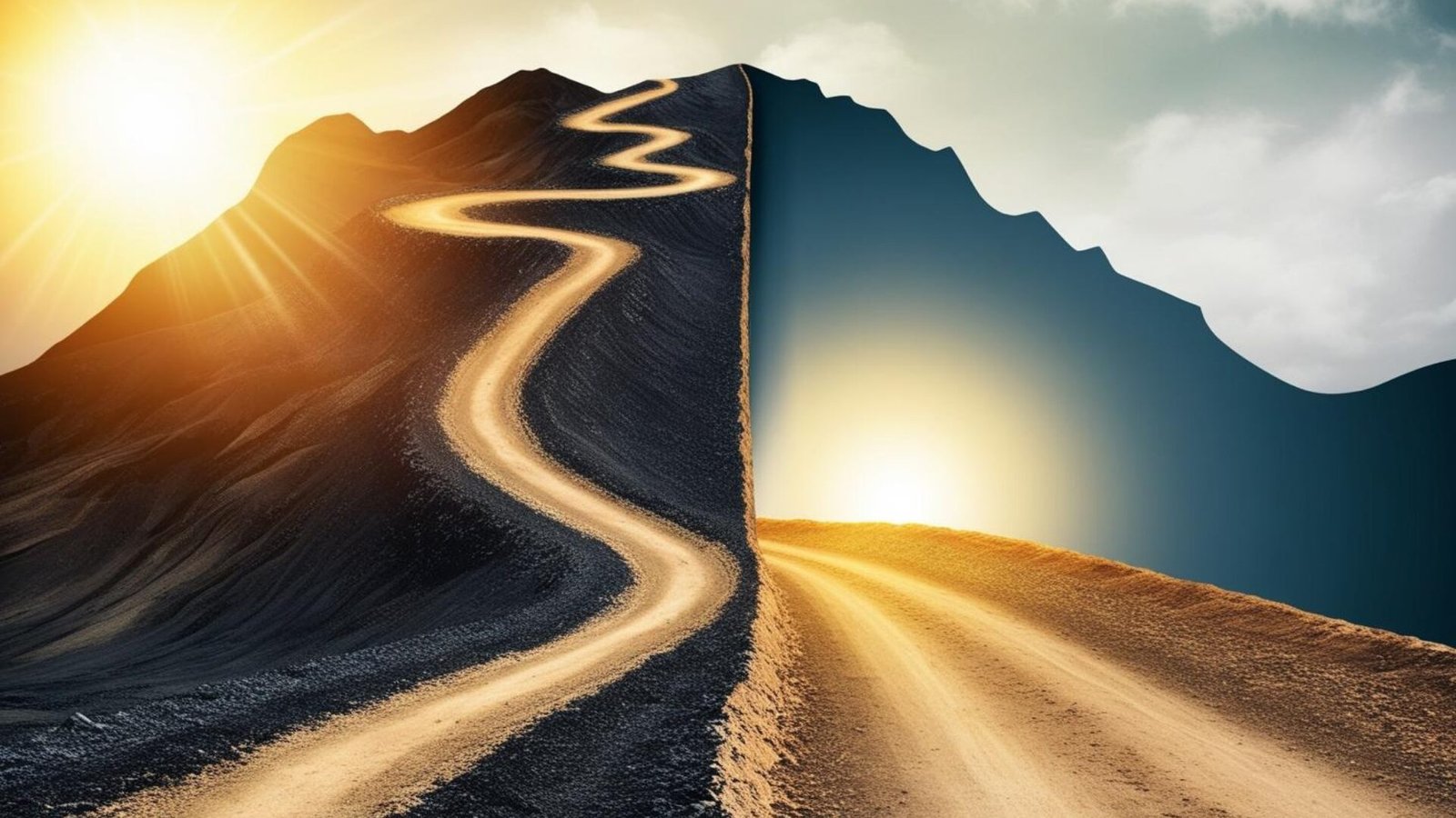 Zorluklardan başarıya giden yolu simgeleyen kıvrımlı bir dağ yolu ve iki farklı ışık kaynağı.