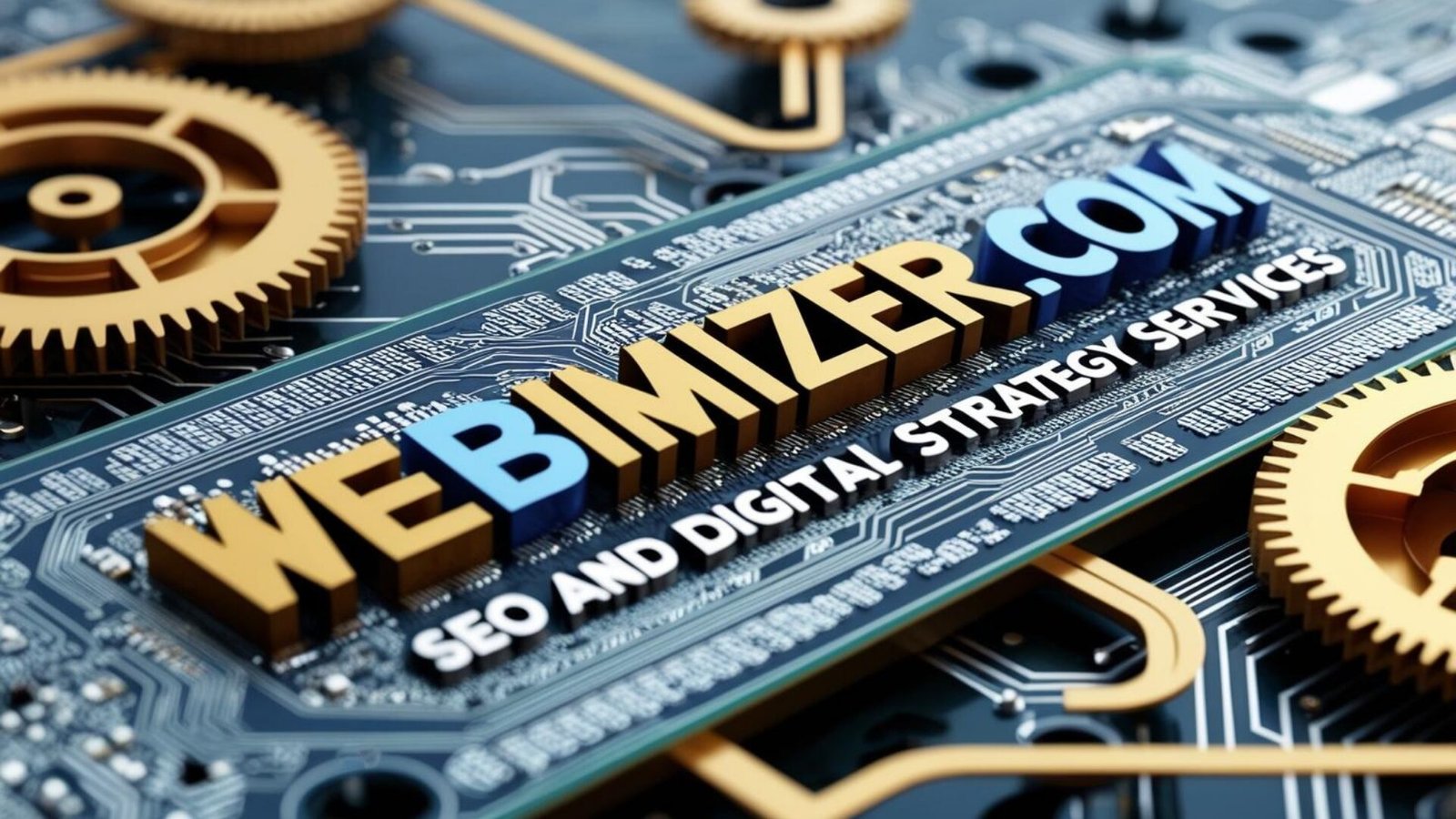 Webimizer.com, devre kartı ve dişli görselleriyle teknoloji ve SEO odaklı hizmetler sunuyor.