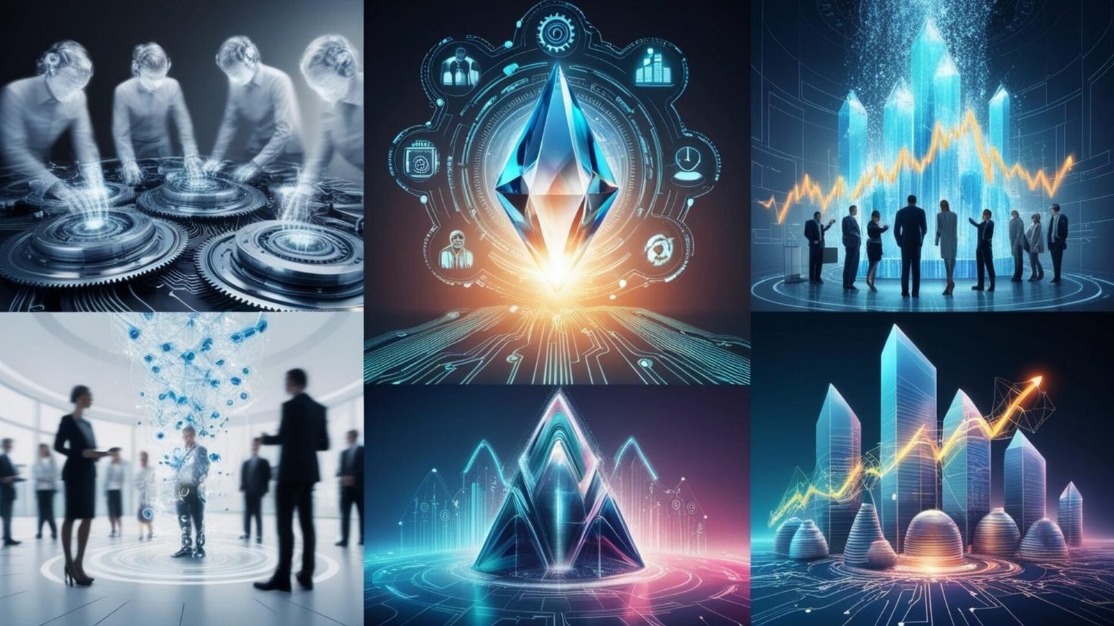 Dijital dönüşüm ve geleceği şekillendiren yapay zeka, blockchain, veri analitiği ve iş dünyasını simgeleyen bir görsel kolaj