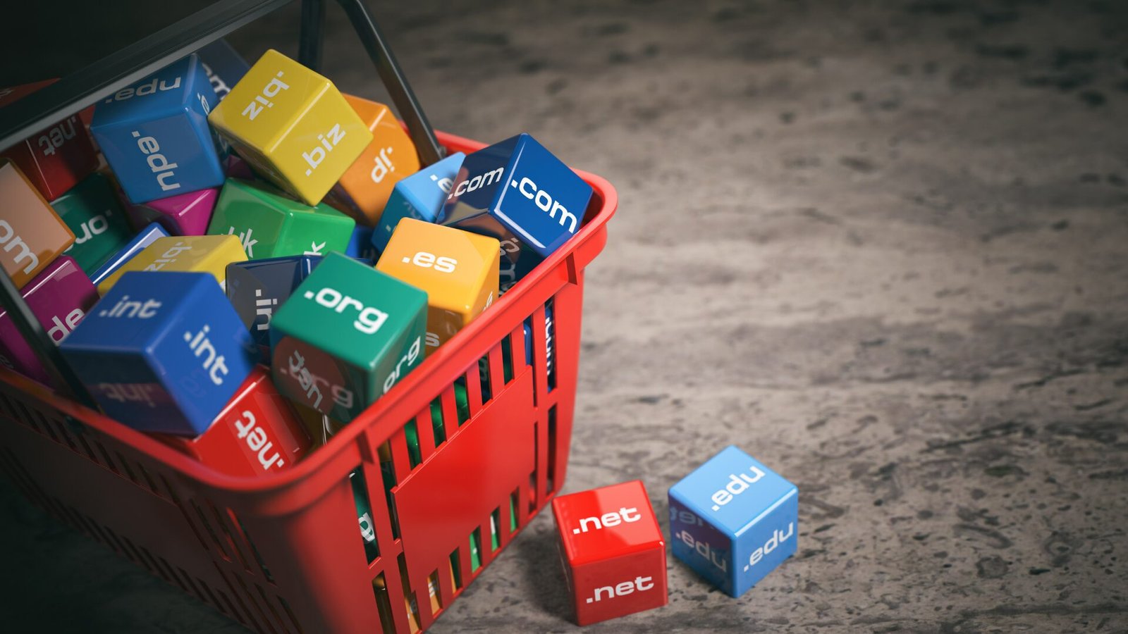 Domain uzantılarının renkli küplerle temsil edildiği bir görsel, SEO ve dijital stratejiyle ilişkilendiriliyor.