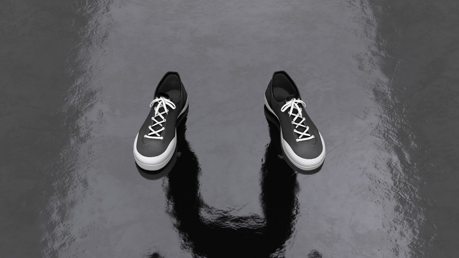 Siyah beyaz bir zeminde yer alan spor ayakkabılar, başarı yolculuğunu ve bireysel hikaye oluşturmayı temsil ediyor.