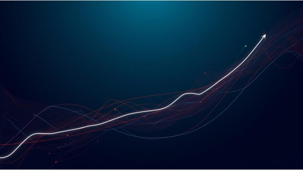 ükselen beyaz bir çizgiyle dijital veri akışını gösteren minimalist grafik. Koyu mavi arka planda performansın ve büyümenin simgesi olarak yukarı yönlü hareket eden çizgi.
