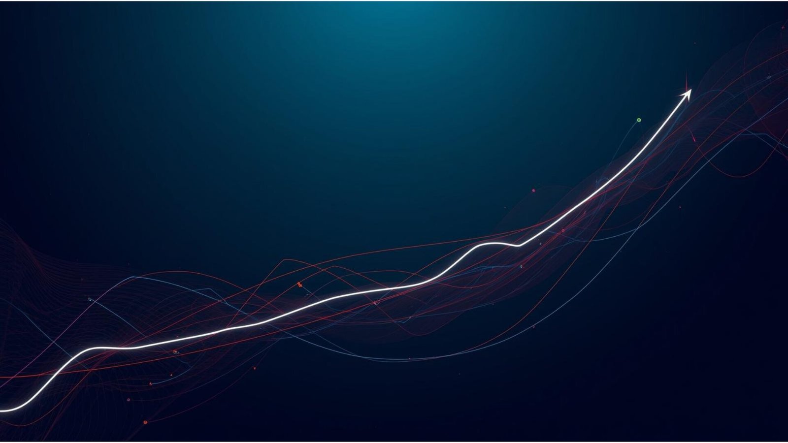ükselen beyaz bir çizgiyle dijital veri akışını gösteren minimalist grafik. Koyu mavi arka planda performansın ve büyümenin simgesi olarak yukarı yönlü hareket eden çizgi.